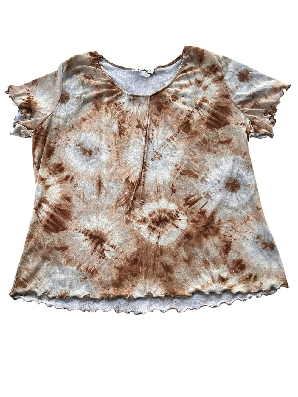 💟New Things Womens Large Brown Tie Dye Top Flutter Sleeve